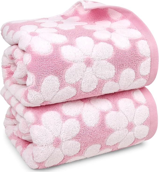 Jacquotha Pink Bath Towels Set of 2, Super Absorbent & Decorative 27.5x55 Inches, Cute Floral Jacquard Shower Towel for Bathroom Decor, Cotton