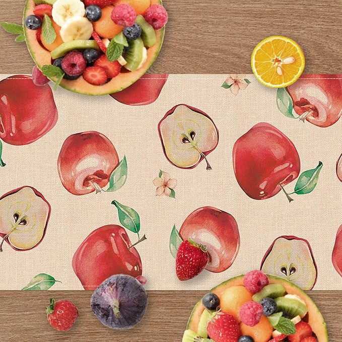 Watercolor Apples Table Runner, Sweet Fruit Kitchen Dining Table Decoration, Spring Summer Burlap Indoor Outdoor Home Decor Party Supply 13 x 90 Inches