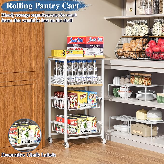 OKZEST 4 Tier Rolling Cart with Drawer Baskets, Metal Utility Storage Cart with Wheels and Wood Top for Living Room, Kitchen, Home Office, Bedroom, Pantry, Baby Essential, Craft, Snack, Makeup, White