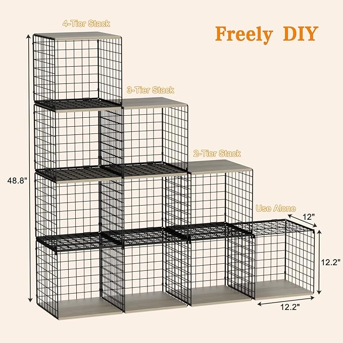 4-Tier Stackable Closet Organizers and Storage Basket, Shelves with Wood Top, Foldable Clothes Storage Bin/Cube Drawer Organizer for Wardrobe, Space-Saving, Closet Organization,Black(Patent Pending) ﻿