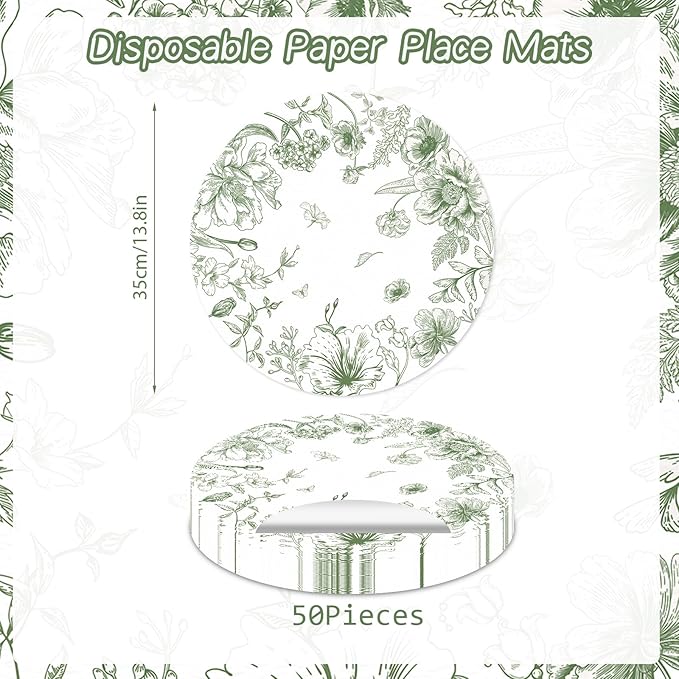50 Pack Paper Placemats Disposable Green Floral Placemats 13.7 Inch Vintage Sage Green Flower Place Mats Chinoiserie Round Table Mats for Dinner Table Setting Birthday Wedding Party Supplies