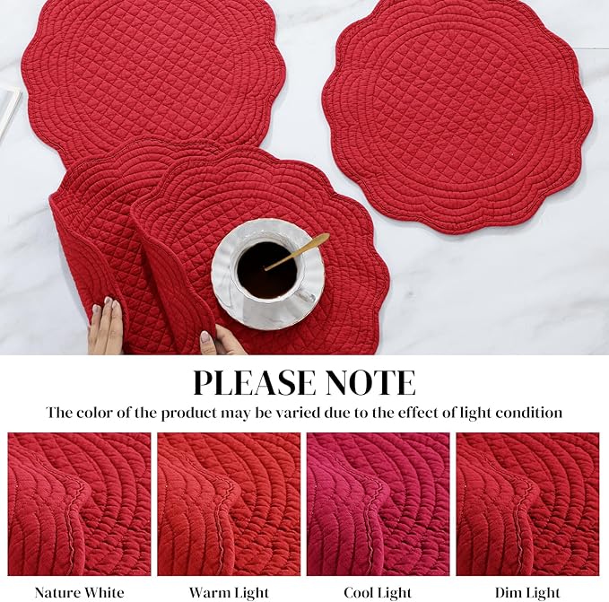 HOMBYS Quilted Placemats Set of 6 Washable Round Placemats for Kitchen Table-100% Cotton Fabric 14 Inch Round Table Mats, Cotton Fabric with Microfiber Filling, (14"x14", Red)