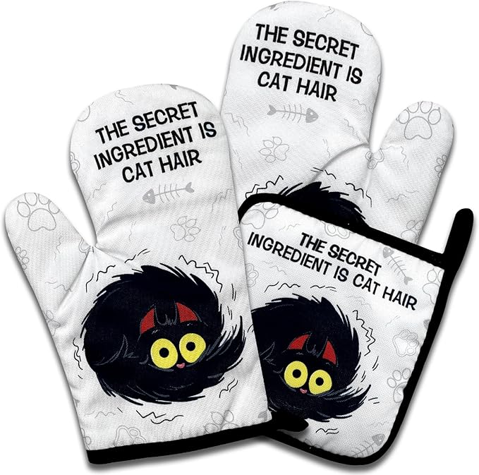 Funny Black Cat Oven Mitts and Pot Holders Set of 3, The Secret Ingredient is Cat Hair, Heat Resistant Non-Slip Kitchen Mitts Hot Pads, Sweet Housewarming Gifts for Hostess Baker Friend