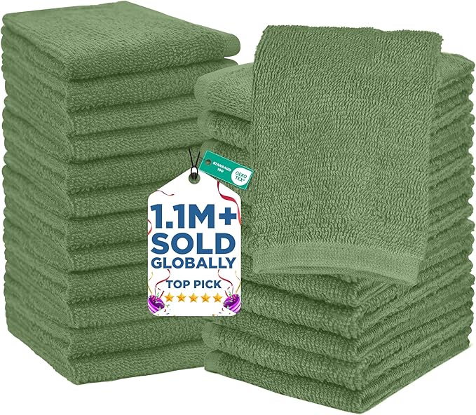 DAN RIVER 24 Pack Wash Cloths for Showering [12x12] - 100% Cotton Washcloths Premium Quality Flannel Face Cloths for Bathroom, Highly Absorbent and Soft Feel Wash Clothes, Sage Green