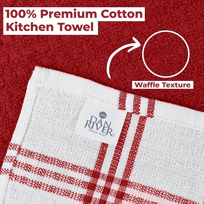 DAN RIVER Premium Kitchen Towels - [Pack of 6] 100% Cotton (16x 26 Inches) -Super Soft,Highly Absorbent, Quick Dry, Dish Towels for Kitchen Towels - Red