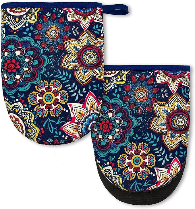 Boho Floral Mini Silicone Oven Mitts 2-Pack Set, Heat Slip Resistant Kitchen Gloves, Soft Short Oven Mittens for Safe Cooking Baking Grilling