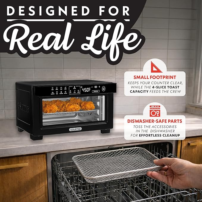 Gourmia Toaster Oven Digital Air Fryer - Convection Mode with 4 Slice Capacity, 3 Rack Positions, 12 Presets, Toast, Bagel, Bake, Roast, Broil, Dehydrate, Popcorn, Fits 9" Pizza, Black