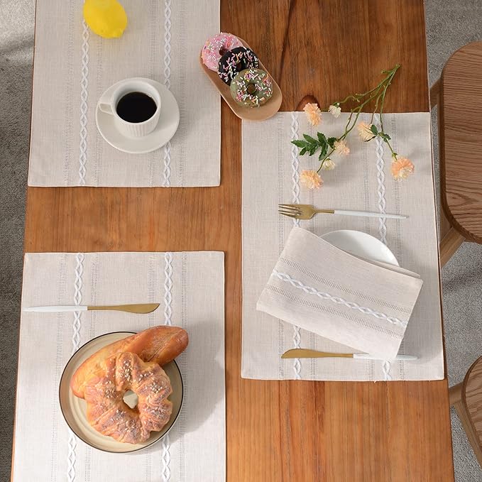 Wracra Cotton Linen Placemats, 12 x 18 Inch Set of 8 Placemats Rustic Hemstitch Place Mats for Kitchen Table and Heat Resistant-Hemstitch Ivory