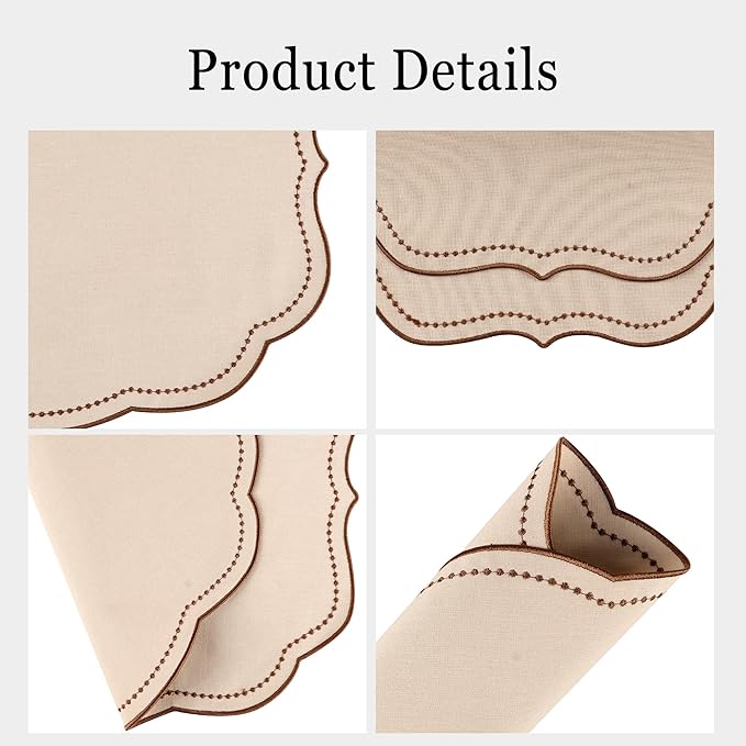Cotton Linen Placemats Set of 4 - Double Layered, Luxury Scalloped Embroidered Cloth Table mats - Holidays, Christmas, Washable Mat, 16 x 13 inch (Beige)