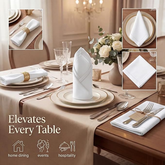 Urban Villa Cloth Napkins White Hemstitch Dinner Napkins Set of 12 (20X20)100% Cotton Absorbent Washable Durable Reusable Ideal for Easter Decorations Farmhouse Parties Restaurant Lunch Dinner Napkins