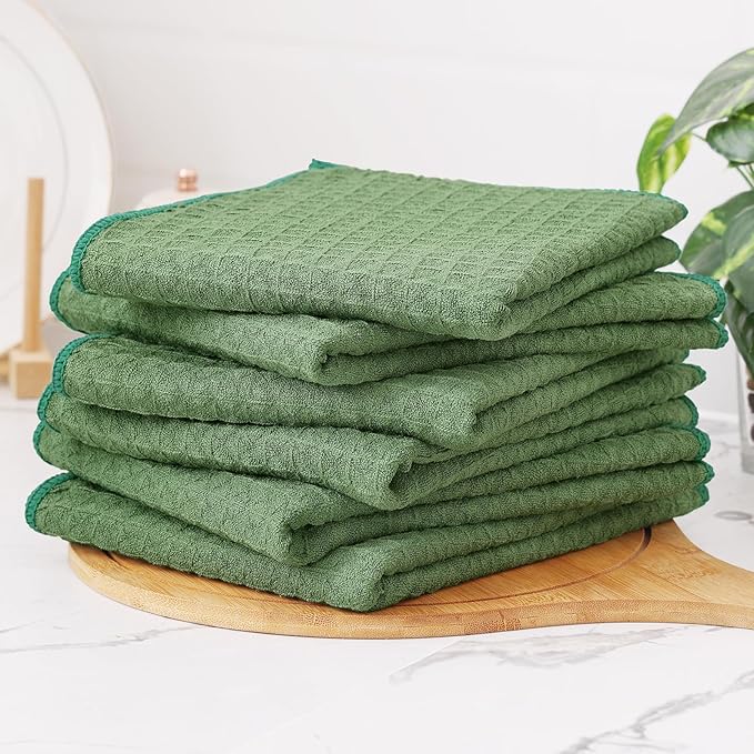 Homaxy Microfiber Waffle Weave Kitchen Towels Set, 16 x 28 Inch and 12 x 12 Inch Ultra Absorbent and Solid Color Dish Towels, 8 Pack, Grass Green