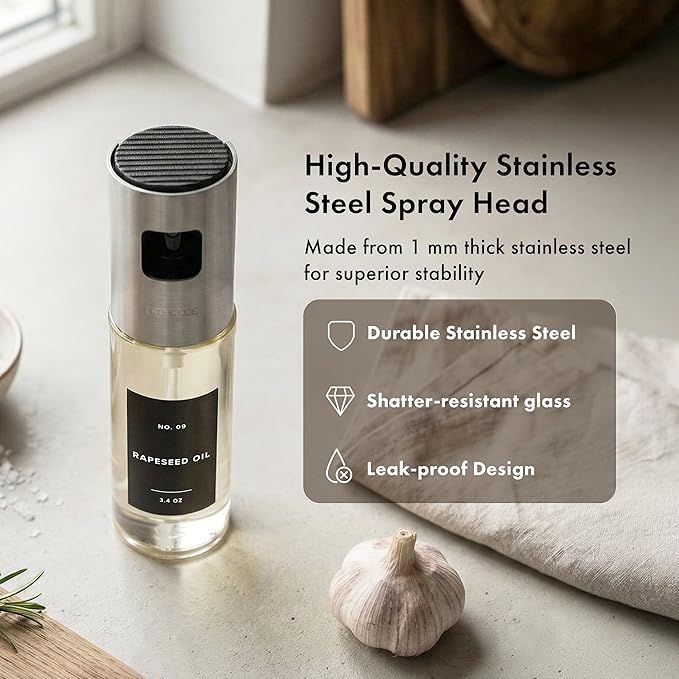 EDELHAUS Oil Sprayer Set of 2 Oil Spray Bottle Made of Stainless Steel & Glass, for Healthy Cooking, Sprayer for Precise Dosage, for Cooking Oil & Vinegar Including (Silver Lids, 2 Pack)