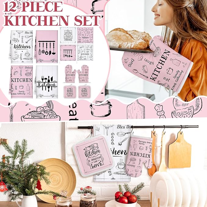 12 Pcs Farmhouse Pink Kitchen Decorations Sets 4 Pink and White Kitchen Towels 4 Absorbent Dishcloths 2 Pot Holders 2 Oven Mitts Gloves for Home Decorations Mom Gifts