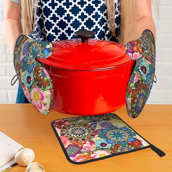 Boho Floral Oven Mitts and Pot Holders Sets, Heat Resistant Colorful Kitchen Gloves Hot Pads, Cute Baker Stuff, Chef Cooking Baking Gifts for Women Bakers, Kitchen Gifts for Cooking Lover Cooks Mom