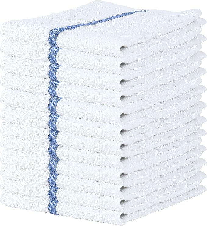 Arkwright Bar Mop Towels, Pack of 12, 100% Cotton Kitchen Dishcloths, Absorbent Quick Dry Cleaning Cloths for Restaurant, Bar and Home Kitchen, 16 x 19 in, White/Blue