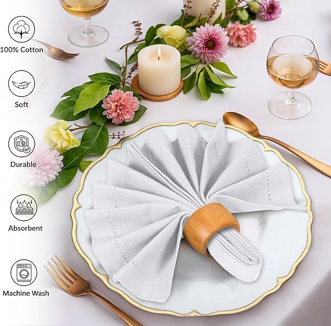 Ruvanti Cloth Napkins Set of 12, 100% Cotton High GSM 18x18 Inches, Hem Stitched Corners, Soft, Washable, Highly Durable & Absorbent, Perfect for Parties, Christmas, Thanksgiving Dinners – White
