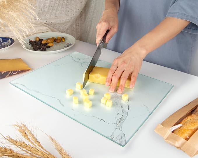 Kitchenville Glass Cutting Board 16"x12": Tempered Glass Kitchen Counter Protector - Durable- Scratch-Resistant, Heat-Proof - Design 2 - White Marble Effect