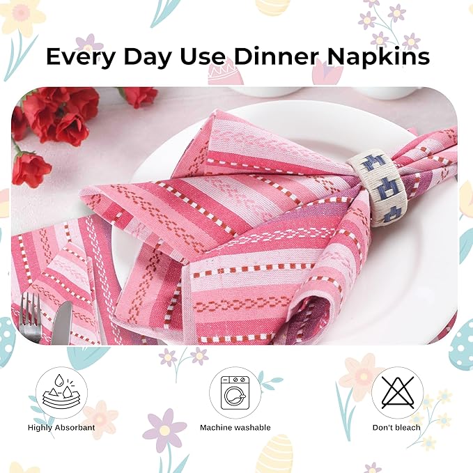 Homidate Cotton Cloth Dinner Napkins Set of 12 – 18x18 Pink Multi Salsa Stripe – Reusable Machine Washable Fabric Napkins for Weddings, Parties, Kitchen & Everyday Dining