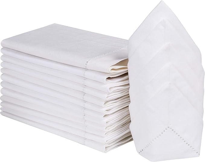 Lightnpro Decorative Cloth Dinner Napkins with Hemstitched, Wedding, Cocktail & Party Napkins, Mitered Corners, Machine Washable, 12 Elegant Table Napkins for Special Occasions - 18x18 Inch White