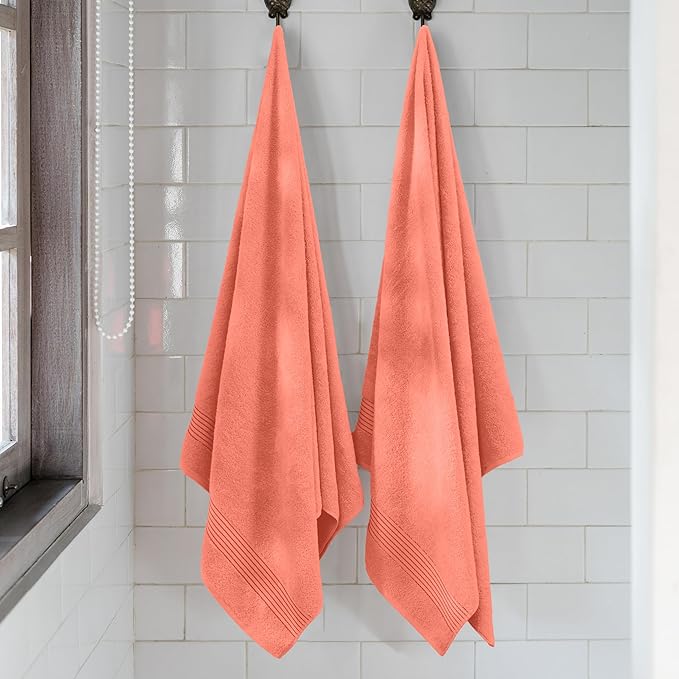 Mocassi Luxury 100% Turkish Cotton 2-Pack Bath Towel Set- Ultra Soft, Quick Dry Highly Absorbent 27 x 54 inch Premium Spa Hotel Quality 2PC Bath Towels - Luxurious Soft Bathroom Towels, Coral