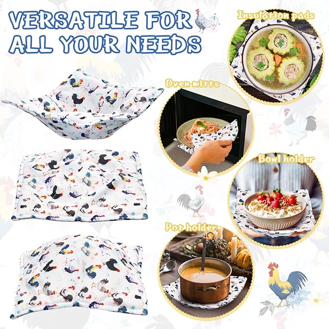 Cunhill 4 Pcs Cotton Microwave Bowl Cozy Holders for Hot Food Hot Pads Soup Bowl Potholders Heat Resistant Multipurpose Quilted Safe Holders for Kitchen Plate Supply(Multi Color,Rooster Style)