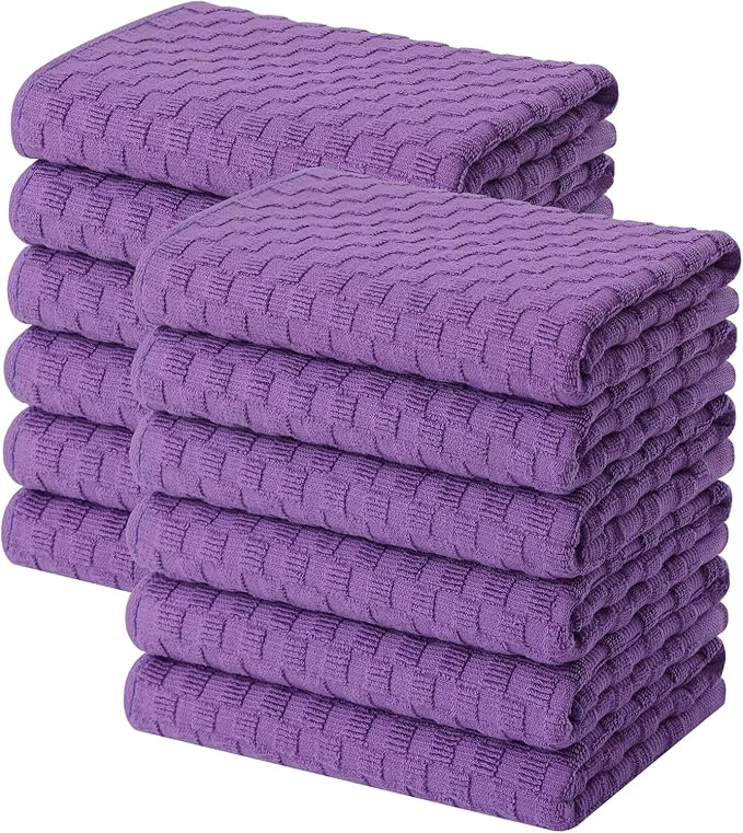 Homaxy 100% Cotton Terry Kitchen Towels(15" x 25", 12 Pack), Soft and Super Absorbent Dish Towels, 380 GSM Reusable Tea Towel with Hanging Loop, Pineapple Grid Designed, Purple