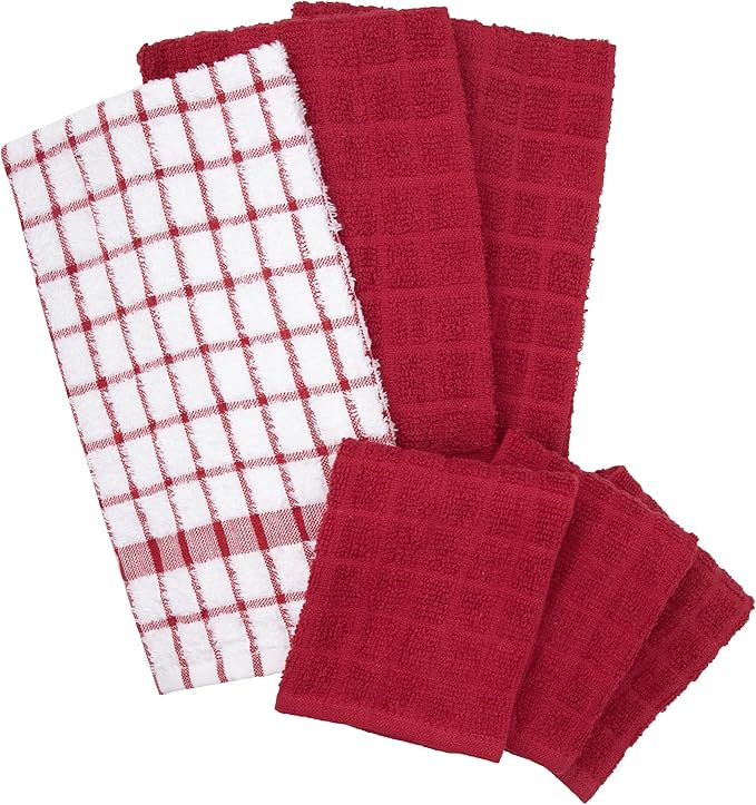 Ritz Premium Kitchen Towel and Dish Cloth Value Set: Highly Absorbent, Super Soft, Long-Lasting, 100% Cotton Checked and Solid Hand Towels, Tea Towels, Bar Towels - 6 Pack, Paprika