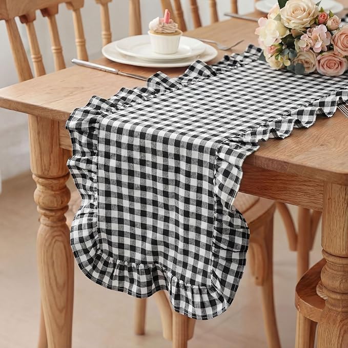HunnmingRe 1 Pcs White and Black Plaid Gingham Ruffle Table Runner 72 x 13.8'' Farmhouse Buffalo Table Runner 100% Cotton Scalloped Long Dresser Scarves for Dining Room, Kitchen Rustic Home Decor