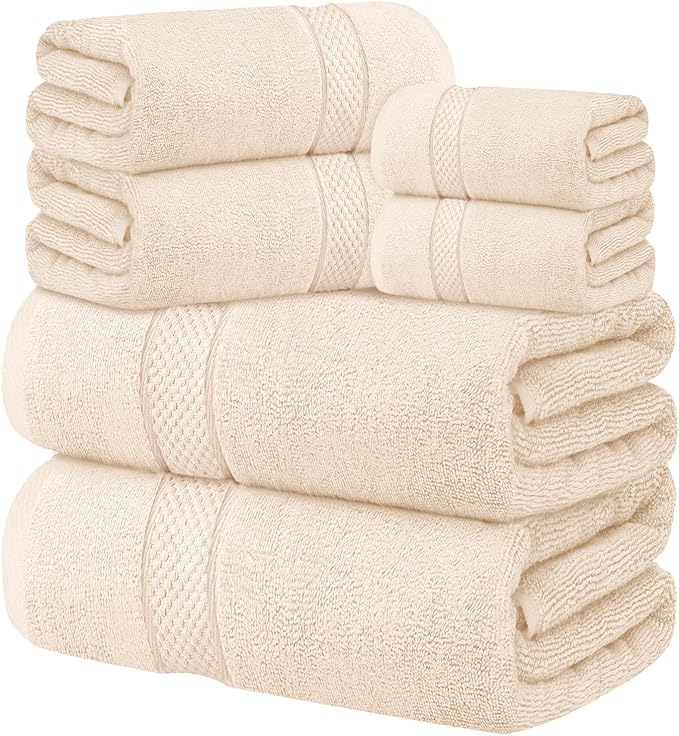 Oakias Premium Towel Set 600 GSM 6 Piece Sea Salt - 100% Ring Spun Cotton Highly Absorbent Towels Set - Super Soft Bathroom Towel Set - Hotel Quality Double Stitched Hem - Ideal for Hotels, Spa, Gyms
