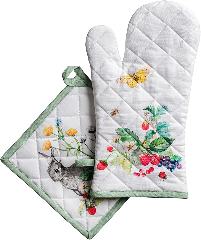 Maison d' Hermine 100% Cotton Oven Mitt & Pot Holder Set (7.5"x13" & 8"x8") Heat Resistant BBQ Cooking Gloves with Loop Baking Grilling Kitchen Gifts for Mothers Day Spring/Summer (Printemps)