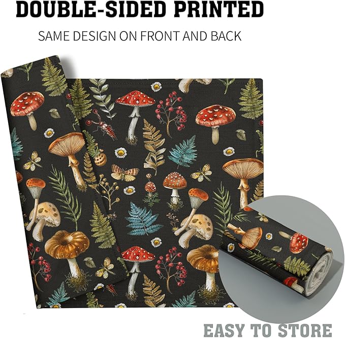 Watercolor Mushroom Placemats Fern Leaves Cotton Linen Place Mat Washable Table Mat for Party Dining