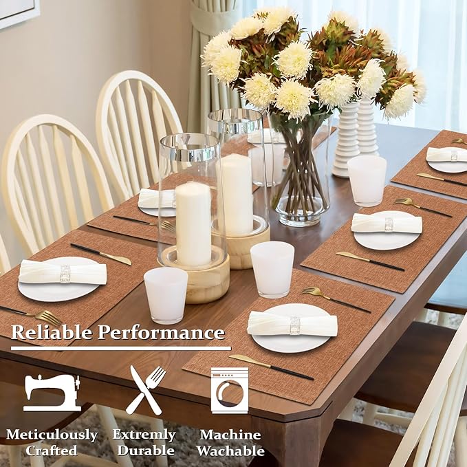 Cloth Placemats Set of 6, Cotton Linen Blend Machine Washable Double Layered Place Mats, Heat Resistant Placemats Wrinkle Free Thick Fabric Dining Table Mats for Indoors & Outdoors (Flaxen, 6)