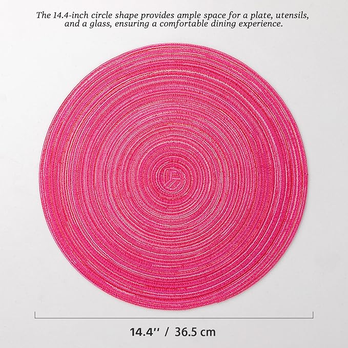 Round Placemats Set of 12 Woven Placemats Washable Braided Table Mats for Dining Table Heat Resistant Non-Slip Circle Place Mats(Pink)