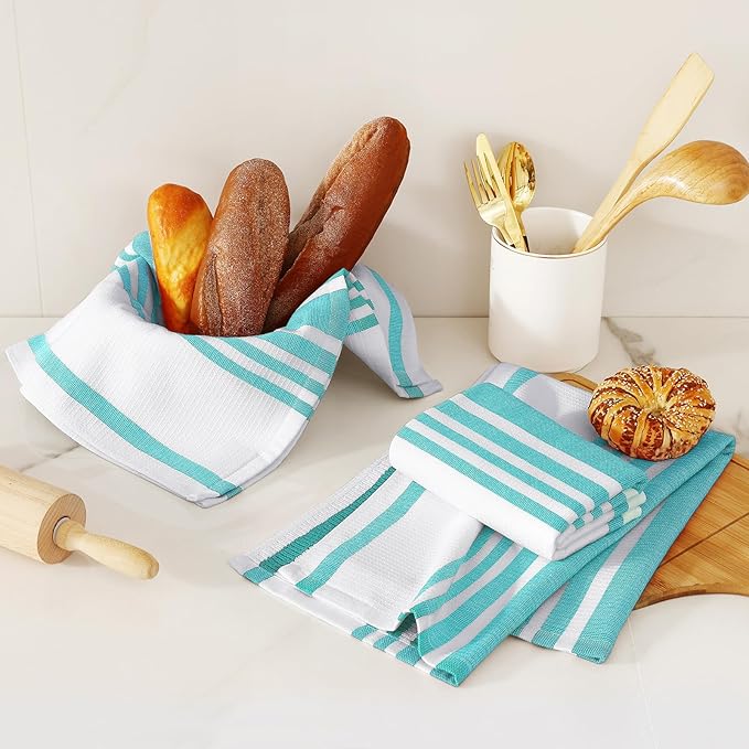 Homaxy Premium Kitchen Towels 18”x 28”, Large Cotton 380 GSM Kitchen Hand Towels, Stripe and Terry Dish Towel, Highly Absorbent Tea Towel Set with Hanging Loop, 6 Pack, Teal