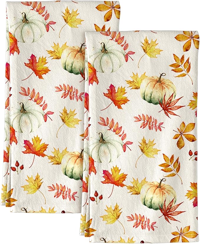 Miss Adola Flour Sack Kitchen Towels Set of 2-18x26 Inch Dish Towels with Hanging Loop Autumn Fall Absorbent Reusable Cotton Cloths for Cleaning Cute Design Home Decor Housewarming, Pumpkin Leaf