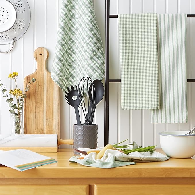 DII Everyday Kitchen, Urban Stripe & Basic Dishtowels, 18x28, Sage, 4 Piece