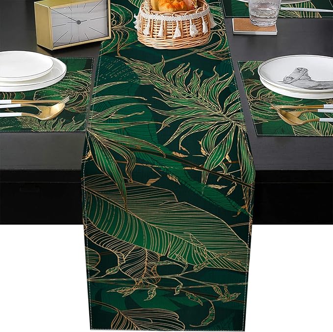 ArtSocket Palm Leaves Table Runner and Placemats Set of 6, Luxury Geometric Green Gold line Modern Tropical Dining Decor for Daily Use(1 Table Runner 72 inches Long and 6 Placemats)