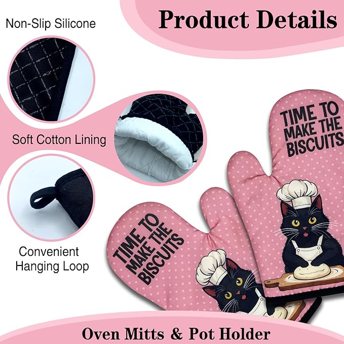 Funny Black Cat Oven Mitts and Pot Holders Set of 3, Time to Make The Biscuits, Heat Resistant Non-Slip Kitchen Mitts Hot Pads, Baking Gifts for Women, Kitchen Gifts for Hostess Bake Lovers