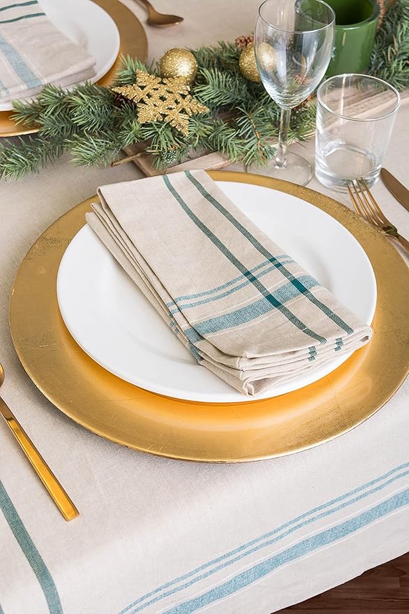 DII French Stripe Tabletop Collection Farmhouse Style Dining Table Linen Napkin Set, 20x20, Taupe/Teal, 6 Piece