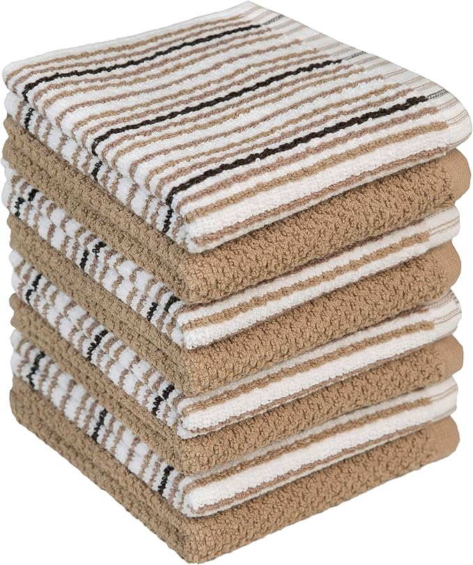 Bumble Premium Dish Cloths Towel 12"x12" | 100% Natural Ring Spun Cotton Tea Towel Set | 430 GSM | Highly Absorbent & Soft Dish Towels | 8 Pack - 4 Popcorn Striped & 4 Solid Kitchen Towels - Tan