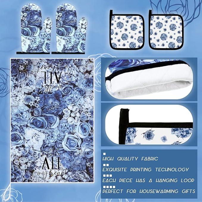 Leinuosen 8 Pcs Blue Rose Kitchen Towels and Dishcloths Sets Oven Mitts and Pot Holders Sets Absorbent Kitchen Gloves Potholders Heat Resistant for Chef Baking Cooking