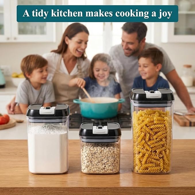 OMIO Airtight Kitchen Storage Containers (6-Pack) - Easy-Grip Pull Tab Lids, BPA-Free Plastic Canisters for Pantry, Countertop, Fridge – Organize Cereal, Grains, Flour, Sugar, Snacks & Candy