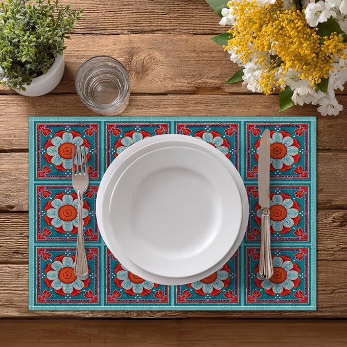 HOMETITUTE Placemats Set of 4 Linen 12x18 Inch Washable Table Mats Bright Bohemian Style Place Mats Colorful Autumn Placemats Decorative Kitchen Dining Table Set