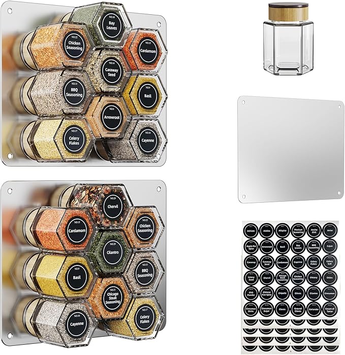 Vetacsion Set of 18 Magnetic Glass Spice Tins with 100 Preprinted Seasoning Label Stickers (Include Black Metal Wall-Plates)