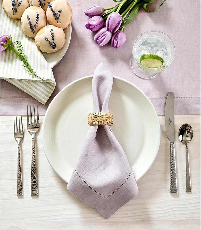 Solino Home Linen Napkins Set of 4 - Classic Hemstitch 100% Pure Linen Lilac Dinner Napkins Cloth 20 x 20 Inch for Mothers Day, Spring, Summer - Handcrafted and Machine Washable