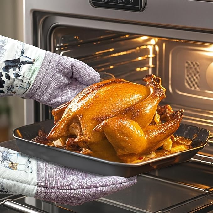 Silicone Printing Oven Mitts Heat Resistant to 500 Degree,Yarm-Dyed Oven Gloves with Animal Design Non-Slip for Kitchen Cooking Barbecue Baking and Machine Washable. (Purple Oven Mitts)