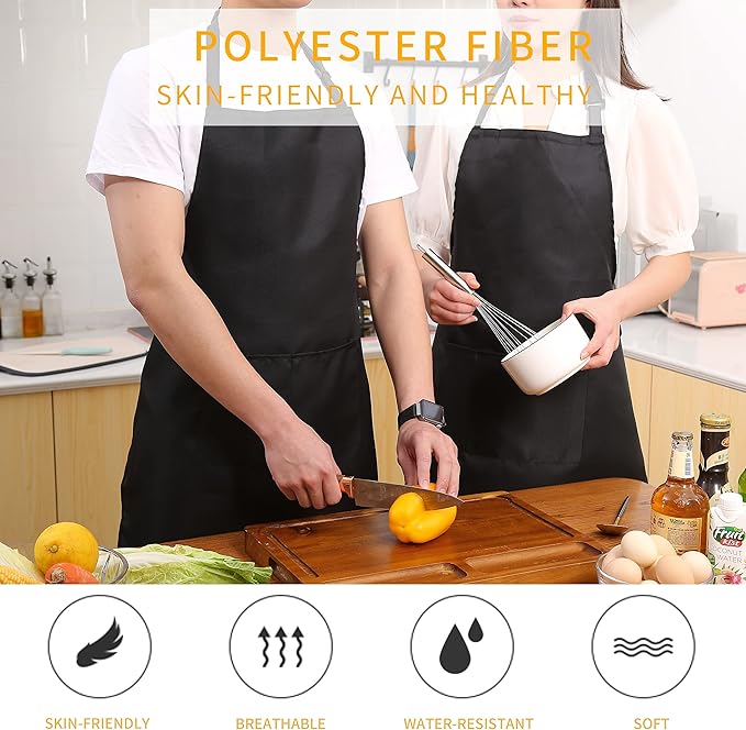 Tosewever 2 Pack Adjustable Bib Apron, Waterdrop Resistant Aprons with 2 Pockets Cooking Kitchen Restaurant Aprons for Women Men Chef, BBQ Drawing Crafting Outdoors (Polyester - Black & White, 2)
