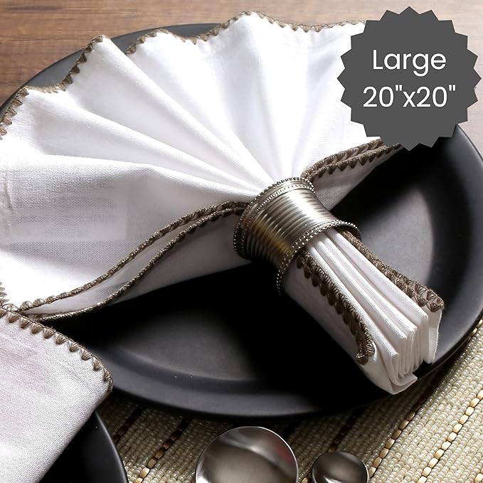 Cotton Clinic Cloth Napkins with Trim - Everyday Use Table Dinner Napkins - Soft Durable Washable - Ideal for Dinner Party Wedding Christmas Easter - Set of 12-20x20 inches Grey White Napkins