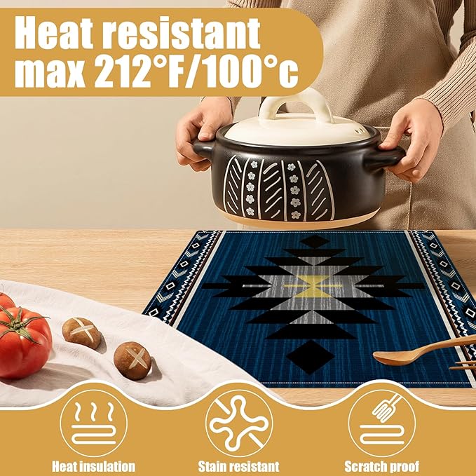 Southwestern Placemats Set of 6, Tribal Geometric Linen Place Mat Washable Stain Resistant Table Mats for Farmhouse Kitchen Dining Party Wedding Decor 12x18 Inch