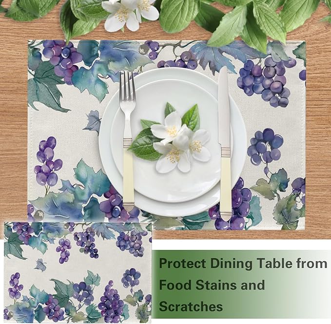 Watercolor Grapes Placemats Set of 4, Spring Summer Sweet Fruit Dining Table Place Mats, Farmhouse Kitchen Decor Home Decoration 12 x 18 Inches